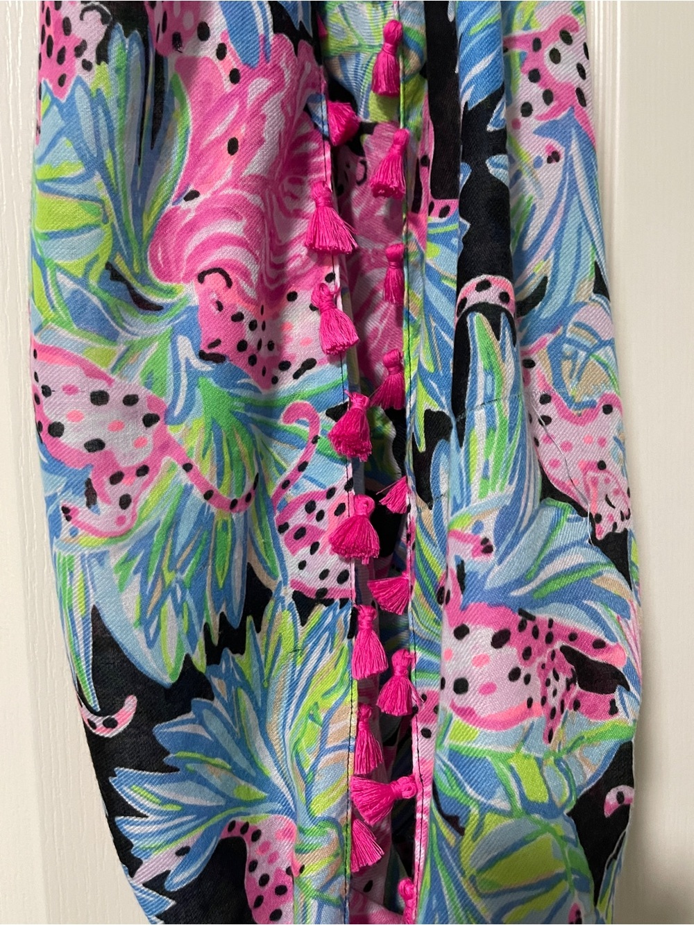 Lilly Pulitzer Tropical Print Infinity Scarf Pink Tassel Pom Trim Animal Print - Picture 2 of 5